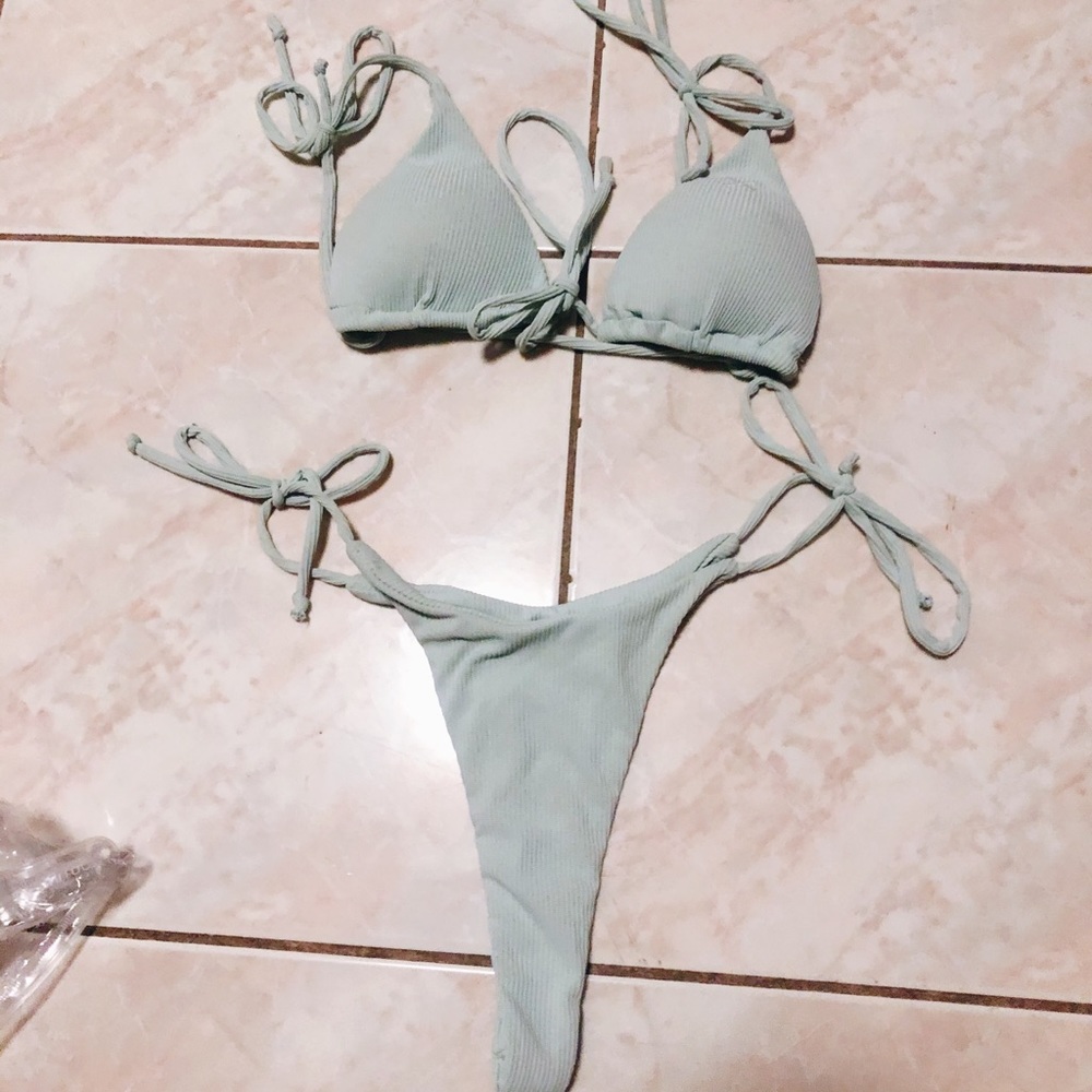 BoutineLA sea foam green tie ribbed bikini set
